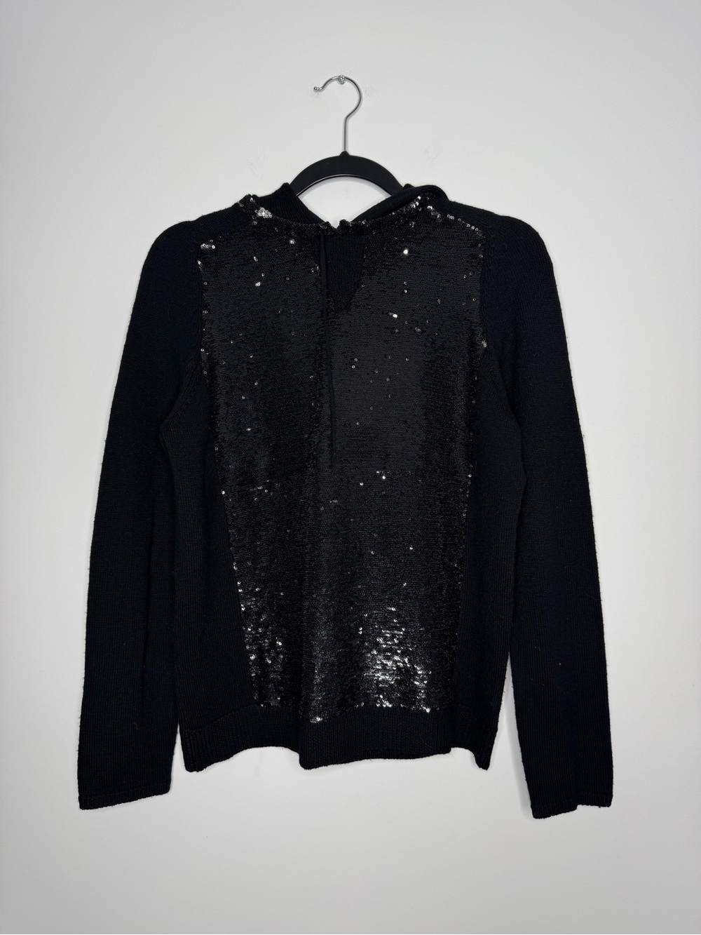 Maje Sweater Womens Black Sequin Hooded Wool Pullover Knit Holiday